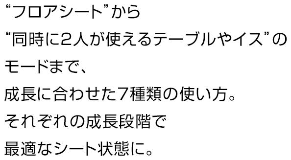 フロアシートから同時に使えるテーブルやイスのモードまで、成長に合わせた7種類の使い方。それぞれの成長段階で最適なシート状態に。